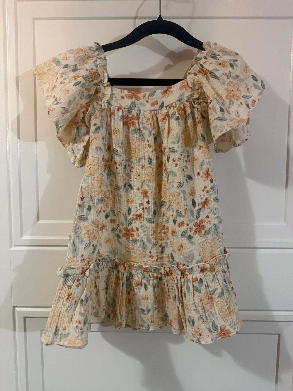 Girls Cream Floral Ruffle-Off-Shoulder Dress